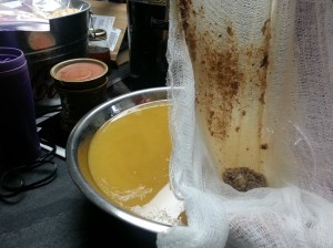 What's left after a second straining of stock through the cheesecloth. YUM!