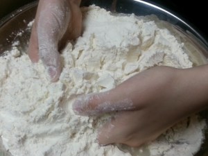 Hand mixing the ingredients....
