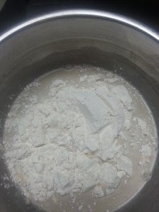 Flour....I had a helper add flour to the mushroom soup. I thawed another jar of the soup quickly...