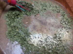 Seasonings going in. The 4 yr old took this pic...