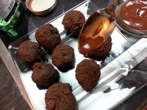 Drizzle chocolate over the tops of the cake balls...