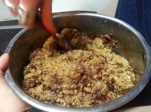 Granola mix ready to go into the baking dish...