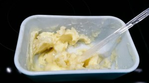 Butter that stayed out in the kitchen during the ENTIRE revamp. It just got moved from place to place. The guys deemed it as the official kitchen mascot.  Bodily harm was threatened when I attempted to throw out the butter and wash the container. 